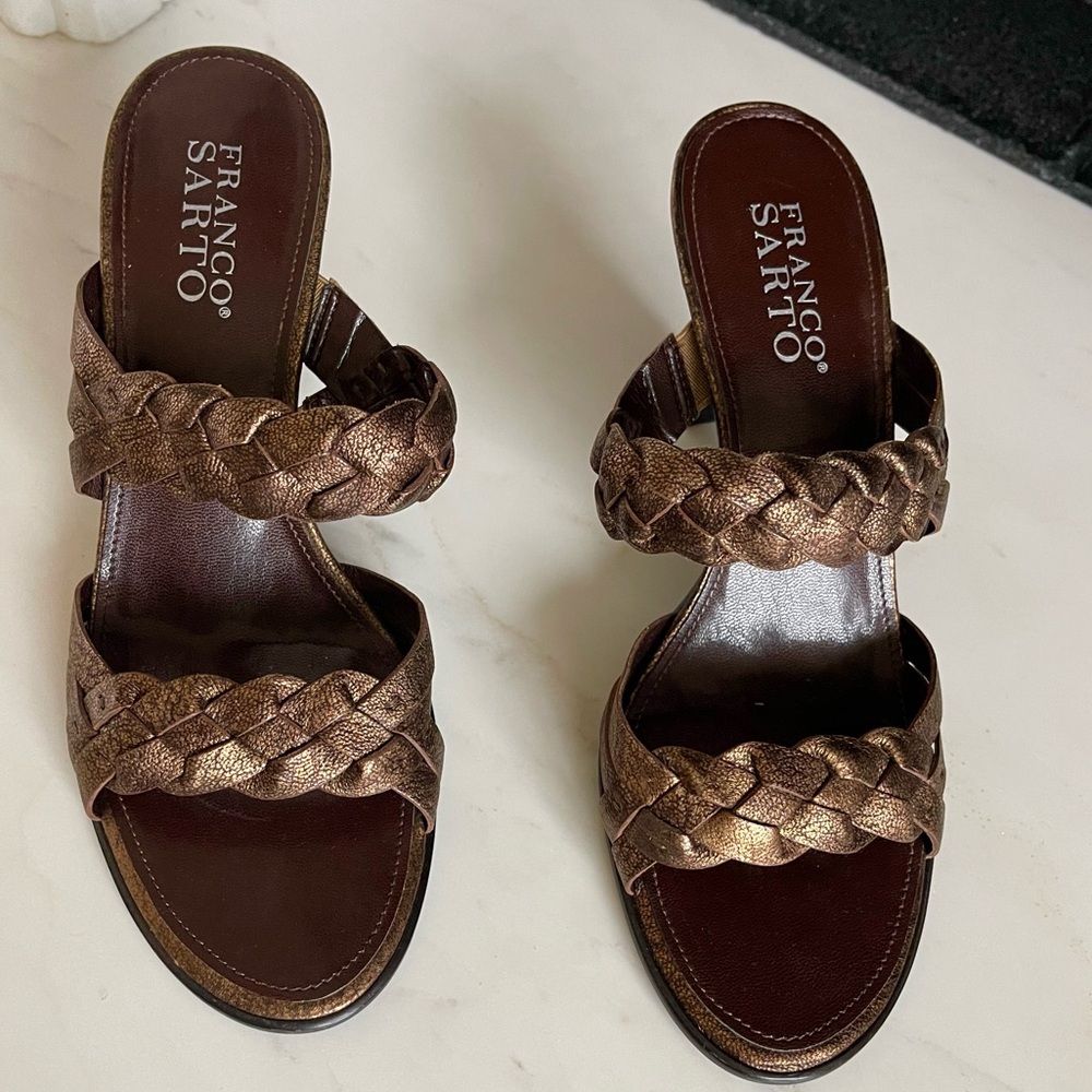 FRANCO SARTO Women Bronze Leather Slip On Sandals Heels Shoes Sz 7.5 M Slippers